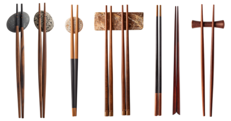 Set of chopsticks with rests and holder, flat lay, isolated on a transparent png background