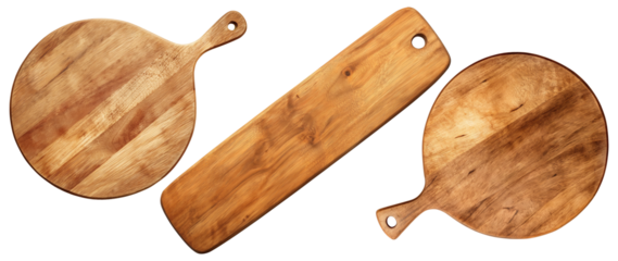 Set if wooden boards of different shapes, flat lay view, isolated on a transparent background