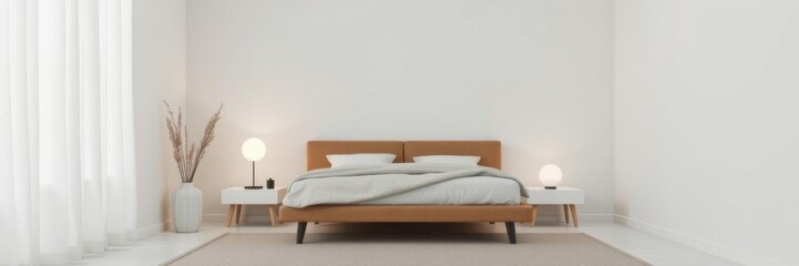 Minimal bedroom with a contemporary interior design scheme featuring generative AI artworks, decor, minimalism