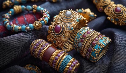 AI generator image of The materials should include gold and silver, with accents of gemstones like jade, ruby,Turquoise and sapphire.The design should reflect the cultural richness and sophistication 
