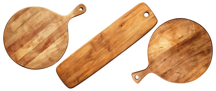 Set if wooden boards of different shapes, flat lay view, isolated on a transparent background