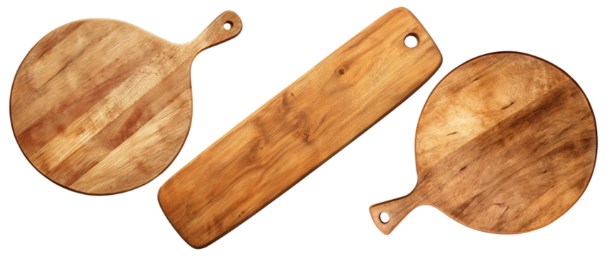 Set if wooden boards of different shapes, flat lay view, isolated on a transparent background