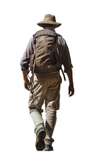 A middle aged man trekking, viewed from behind, isolated against a transparent background