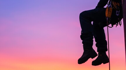 The oil worker with silhouette concept. A climber pauses against a vibrant sunset, showcasing the thrill and beauty of outdoor adventures.