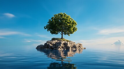 A minimalist blue background featuring a simple, high-resolution design of a small island with a tall tree surrounded by calm water.