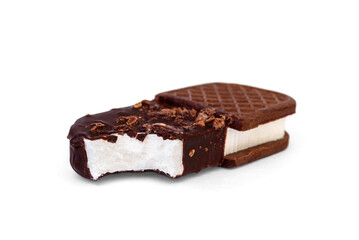 Ice cream sandwich with cookies and chocolate isolated on white background.