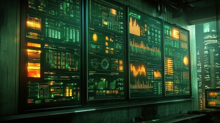 Obraz premium Futuristic control room with glowing screens displaying data and charts.