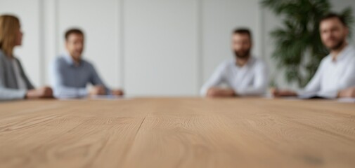 Fototapeta premium A blurred image of a meeting room featuring four individuals around a wooden table, with a plant in the background.