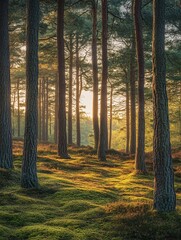 Obraz premium Sunrise Through Tall Trees In English Forest