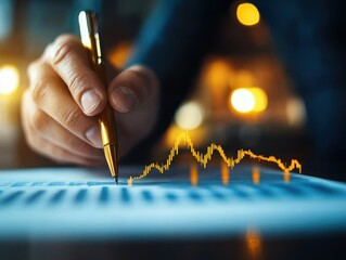 A business professional analyzes financial data, tracking trends with a pen, emphasizing growth and strategic planning.