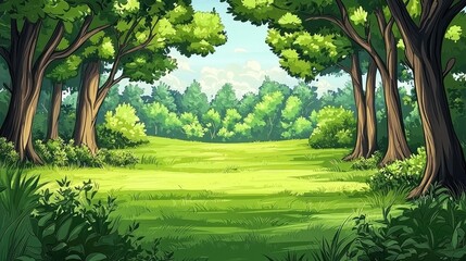 Lush green forest clearing with tall trees and bright sunlight.
