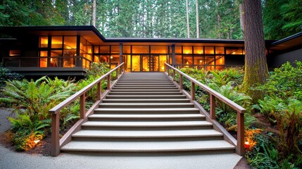 Obraz premium Modern house exterior with stairs surrounded by lush greenery and illuminated windows.