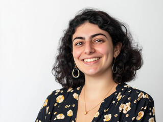  A portrait of a young, happy woman looking directly at the camera, set against a white background, perfect for portrait photography, lifestyle, or personal branding projects