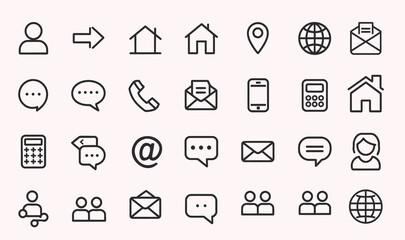 Business card contact information icon set. Containing name, address, location, mail, email, E-mail, chat speech bubble, website, telephone, cell phone, fax for app and website. Vector illustration
