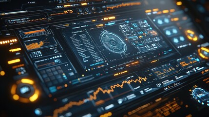 Futuristic digital interface with glowing orange and blue elements.