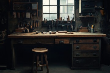Dust-covered workbench with old tools and a wooden stool in a dimly lit garage, with ample copy space, symbolizing hard work and forgotten craftsmanship, ideal for vintage and industrial themes.