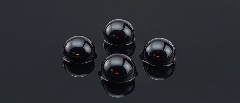 Four black round objects with a shiny surface