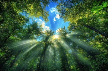 Obraz premium Sunlight Through Tall Trees in Forest Canopy