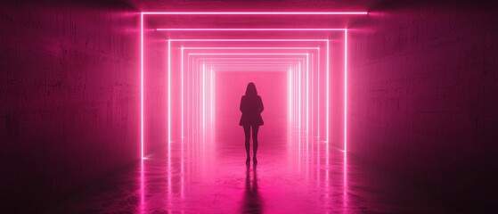 A dark corridor is illuminated by vibrant pink neon lights, creating a captivating atmosphere as a silhouetted figure walks through.