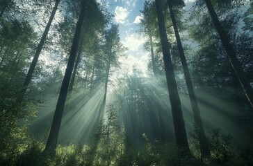 Obraz premium Sunbeams Through Tall Trees In Forest