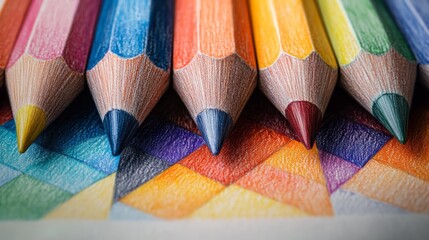A close-up shot of colorful pencils against a background of colored pencil drawings.