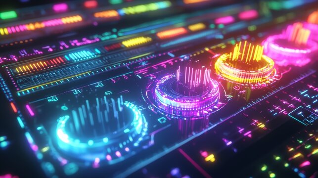 A vibrant, futuristic control panel with colorful lights and sound levels, showcasing a modern audio mixing setup.