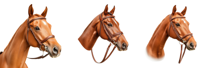 Close up portraits of a stunning chestnut brown horse with a sleek mane and leather bridle tack