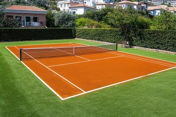 An empty clay tennis court with a net, lines, and a green grass lawn.