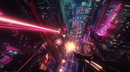 Obraz premium Futuristic anime battle with lasers and glowing explosions in a city