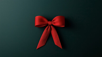 Elegant red ribbon bow on a dark green background, suitable for gift decoration or festive design elements.