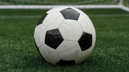 Fototapeta premium A close-up of a classic soccer ball resting on lush green grass in a serene field.