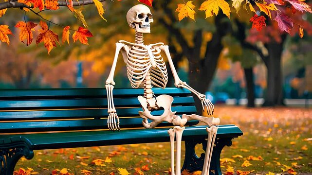 Humorous Skeleton Sitting on Park Bench in Autumn

