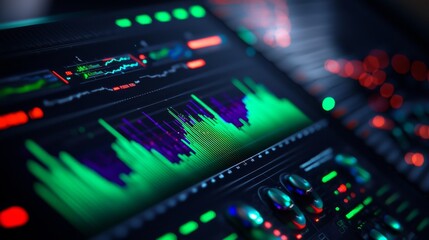 A colorful digital audio interface displaying sound waves and controls, emphasizing modern technology in music production.