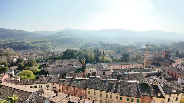 Panoramic view of the picturesque Brisighella village nestled in the Lamone valley, showcasing Tuscan romagnolo apennines and the serene italian landscape with Monticino sanctuary