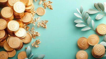 A visually appealing arrangement of golden coins and green foliage on a teal background, symbolizing wealth and nature.