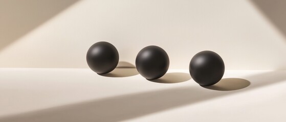 Three black balls are sitting on a white surface