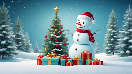 Fototapeta premium Christmas design background with beautiful christmas tree snowman snowflakes giftboxes and snow falling in winter holidays 