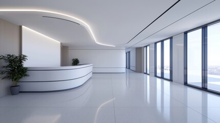 A sleek, modern office reception area featuring a curved desk, large windows, and minimalist design elements that enhance the spacious feel.