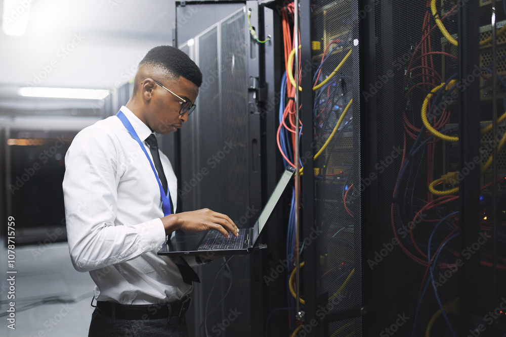 Aufkleber black man, engineer and server room with laptop for network repair, hardware or storage at data cent