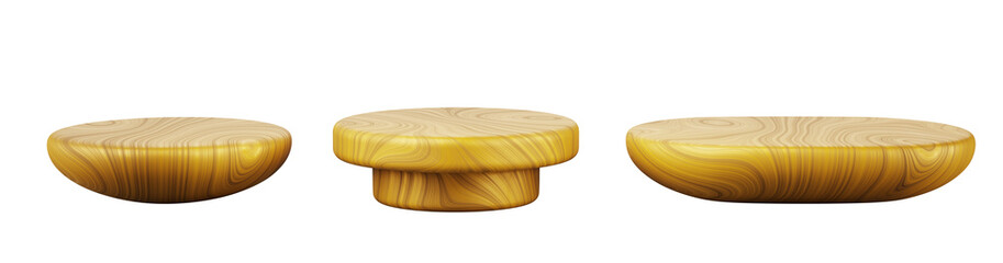 3d set of wooden product podium display png render icon. Blank wood round and oval plate tray for sushi, asian food. Natural table platform pedestal isolated on transparent background. 3D illustration