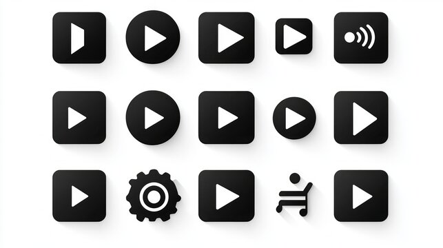 A collection of 15 black play button icons with shadows on a white background.  