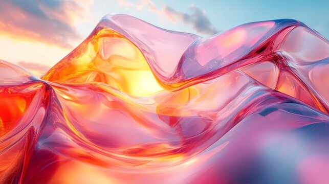 Fototapeta 青空を背景にした抽象的なピンクとオレンジの渦巻くガラスの形。