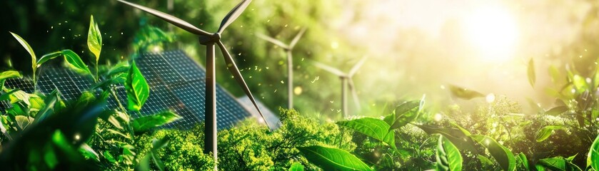 Renewable energy sources with solar panels and wind turbines in a lush green environment.