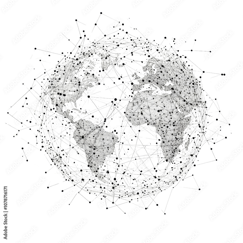 Poster Global Network Globe with Connected Lines, Isolated transparent Background