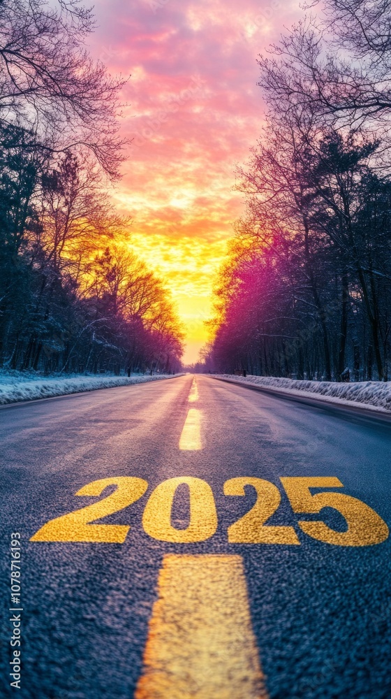 Poster a road with a yellow line and the number 2025 written on it