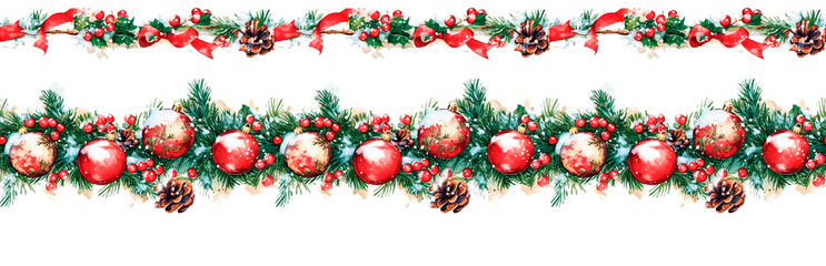 Watercolor horizontal beautiful festive christmas ornament garland, covered with snow on transparent background