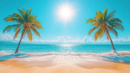 Naklejka premium Two palm trees on a tropical beach with a bright blue sky and clear water.
