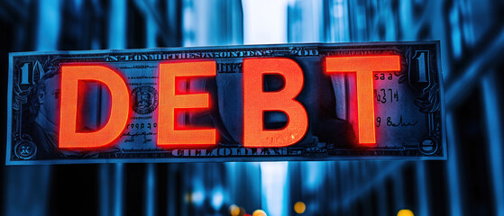 An abstract representation illustrates the oppressive weight of debt, using bold glowing letters against a backdrop of a blurred urban environment, evoking a sense of financial anxiety