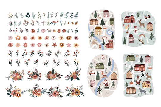 Flower collection with leaves, flower bouquets и Christmas map creator hand drawn. Vector flowers. Spring art print with botanical elements in hand drawn style. Cute illustration in cartoon style