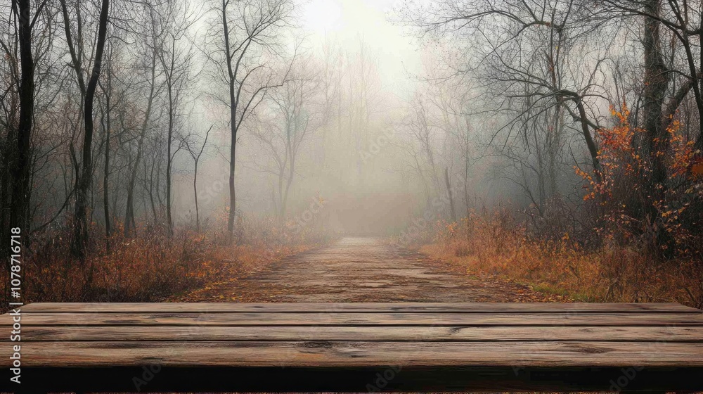 Poster a wooded path with a foggy sky in the background